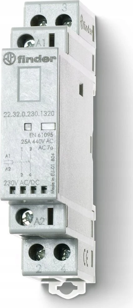 „Finder“ modulinis kontaktorius 1NO 1NC 25A 230V AC/DC, veikimo indikatorius + LED, 17,5 mm 22.32.0.230.4520