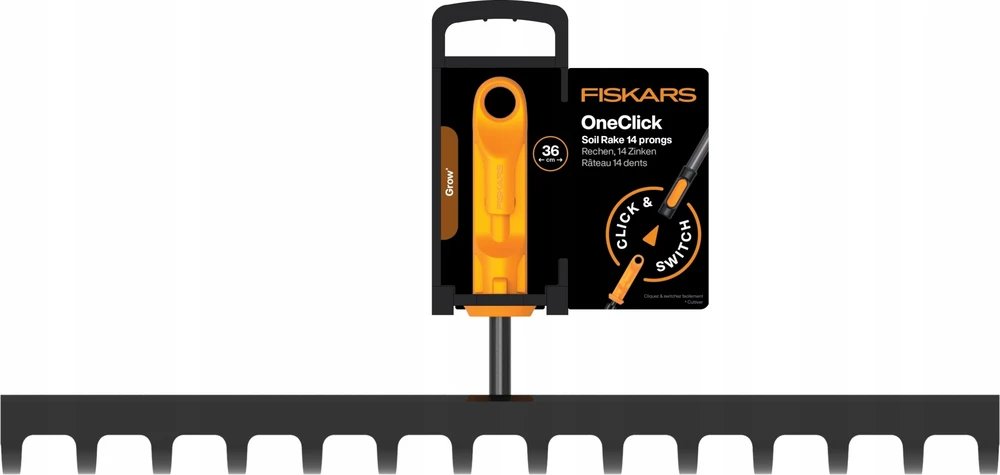FISKARS GRĖBLYS DIRVAI 14 DANTŲ, METALINIS, GALVUTĖ ONECLICK SISTEMAI