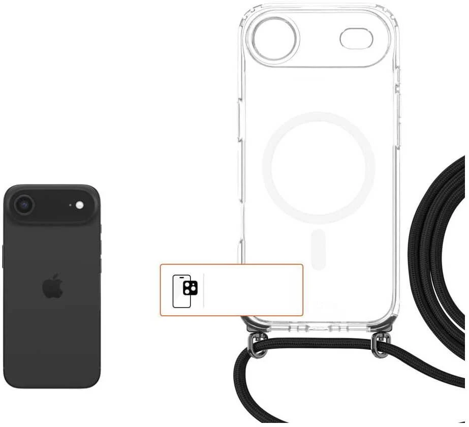 Dėklas Fixed Fiksuotas MagPure Neck for MagSafe iPhone Air, skaidrus su juodu dirželiu