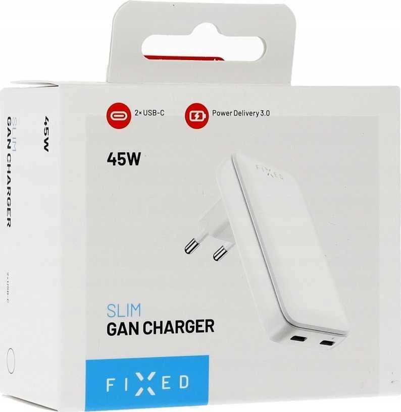 FIXED Slim 2xUSB-C laidinis įkroviklis GaN, PD, 45W, baltos spalvos