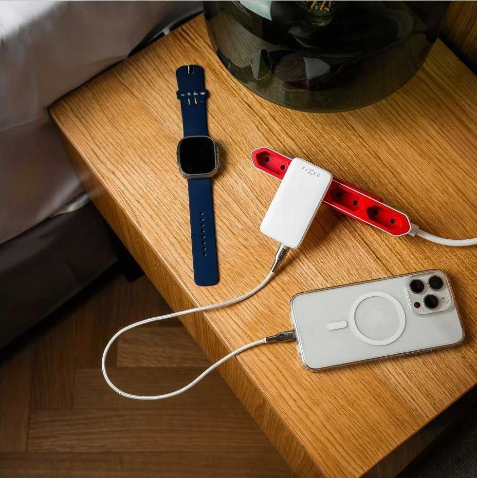 FIXED Slim 2xUSB-C laidinis įkroviklis GaN, PD, 45W, baltos spalvos