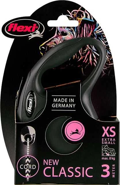 Flexi New Classic XS pavadėlis šunims iki 8kg virvinis 3m juodos spalvos