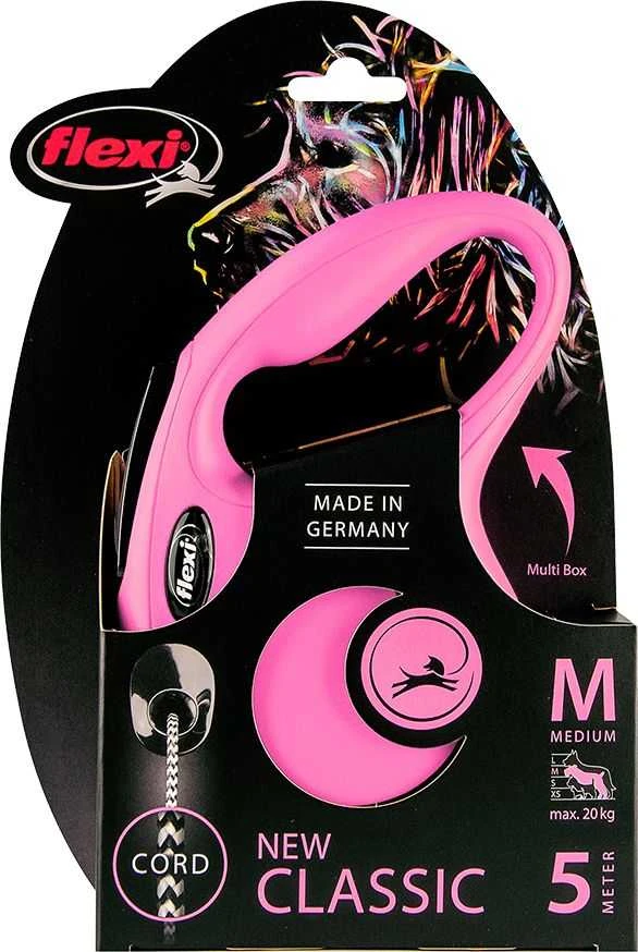 Flexi New Classic M pavadėlis šunims iki 20kg virvinis 5m rožinės spalvos