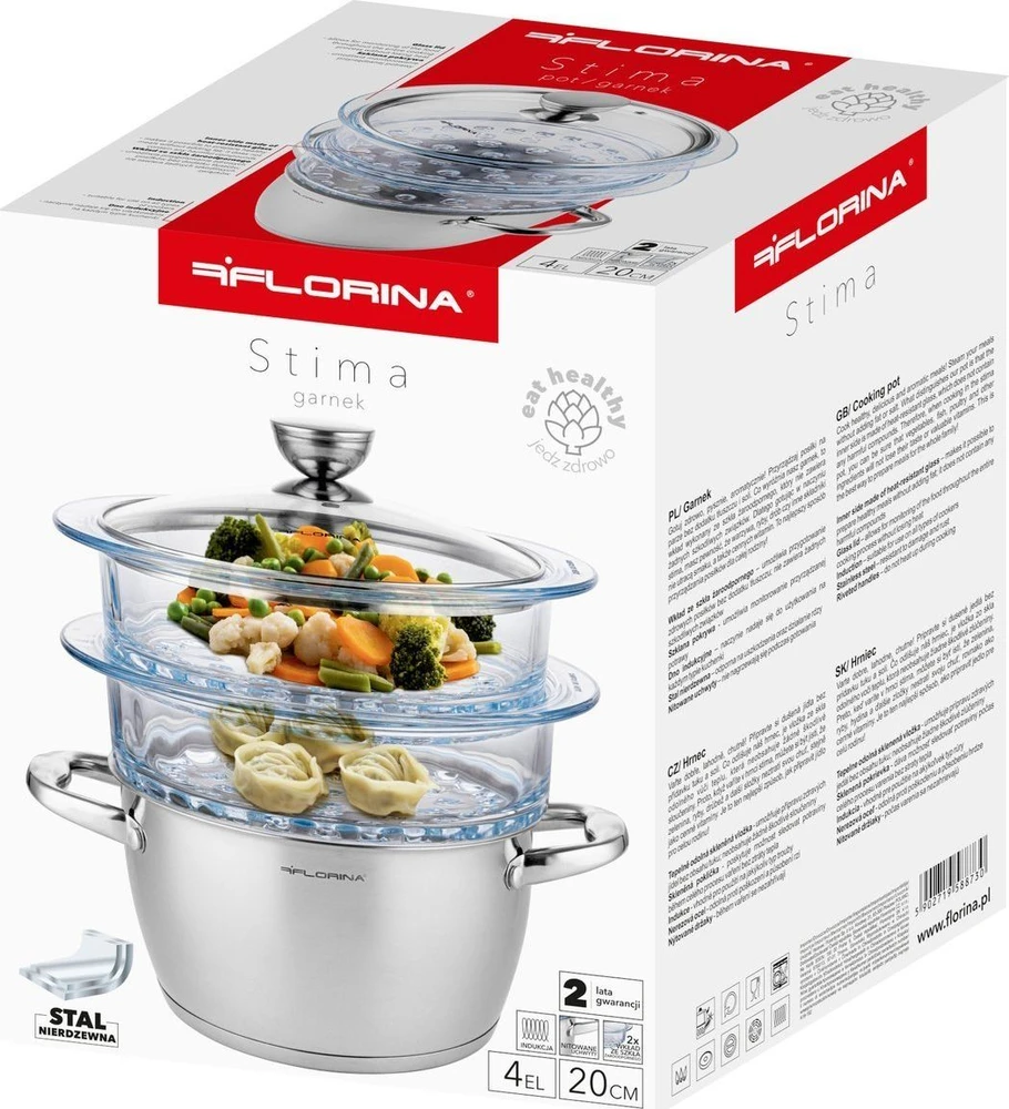 Florina GARINĖ PUODAS SATINA 20CM INOX 3 DALIS. (2,5 L PUODAS, 2 X 1,9 L STIKLINIS PUODAS, DANGINIS)