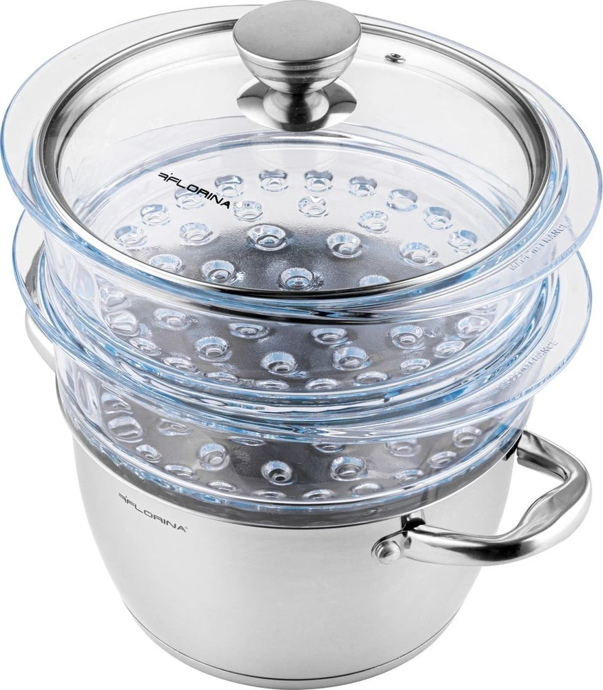 Florina GARINĖ PUODAS SATINA 20CM INOX 3 DALIS. (2,5 L PUODAS, 2 X 1,9 L STIKLINIS PUODAS, DANGINIS)