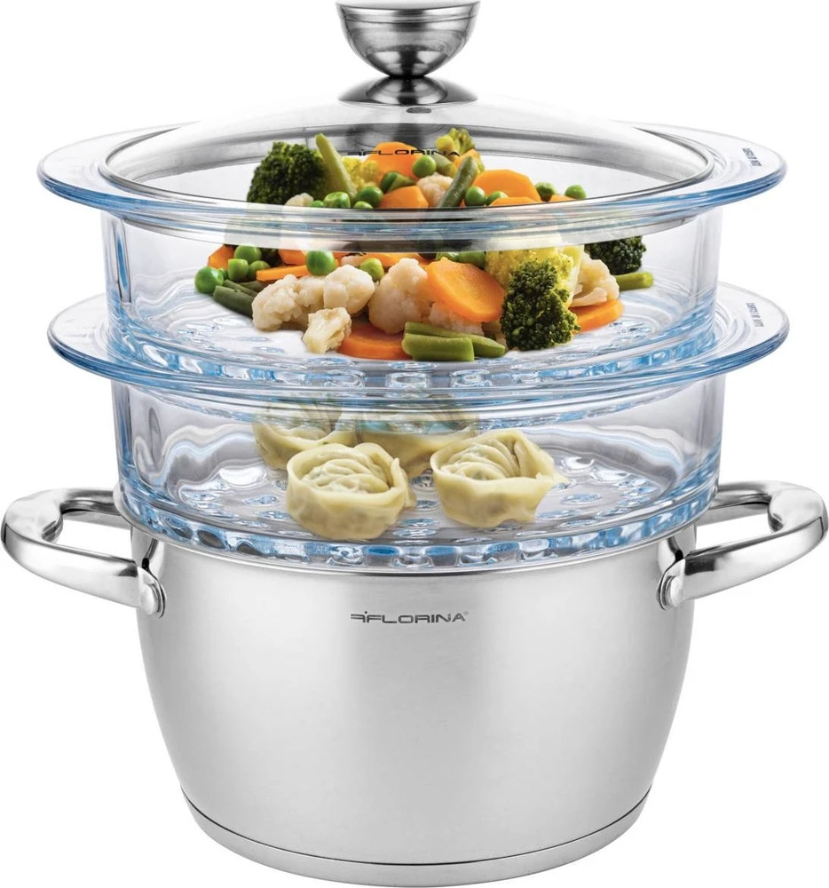 Florina GARINĖ PUODAS SATINA 20CM INOX 3 DALIS. (2,5 L PUODAS, 2 X 1,9 L STIKLINIS PUODAS, DANGINIS)