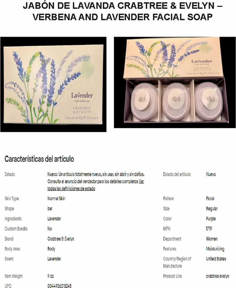 Drėkinamojo muilo plytelių rinkinys „Crabtree & Evelyn Lavander“, trio, 3 vnt., 85 g