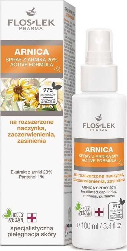 Floslek Arnica purškalas su arnika 20% aktyvi formulė išsiplėtusiems kapiliarams, paraudimui ir mėlynėms 100ml