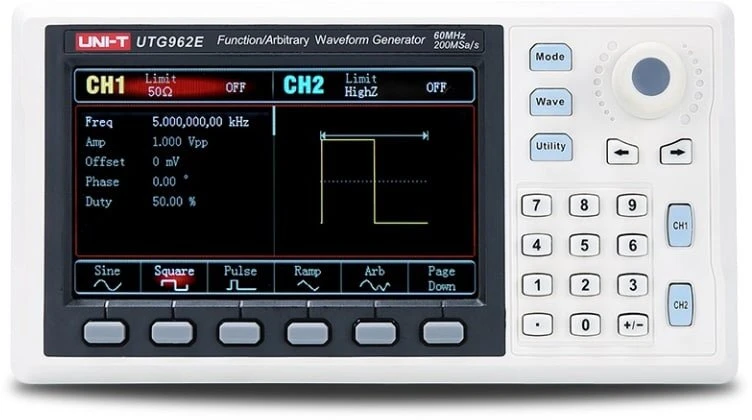Funkcinis ir laisvos formos signalų generatorius, 60MHz; 2 kanalai, 14bit, 200 MSa/s, LCD TFT 4,3"; UNI-T
