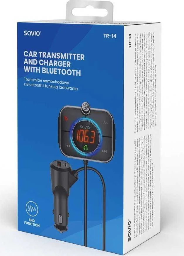 Belaidis Garso Siųstuvas - Savio TR-14 FM Bluetooth 5.0 USB PD 3.0 QuickCharge Juodas