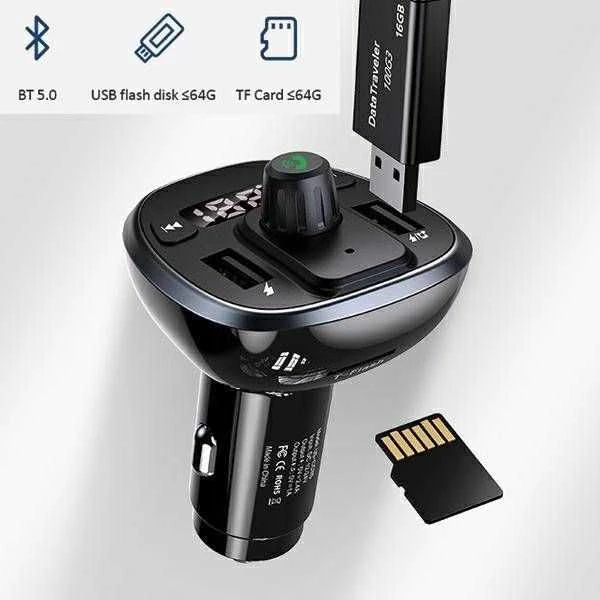 USAMS laisvų rankų įranga C21 su FM siųstuvu, Bluetooth 5.0, MP3, 2xUSB 3.4A juodos spalvos CC115GC