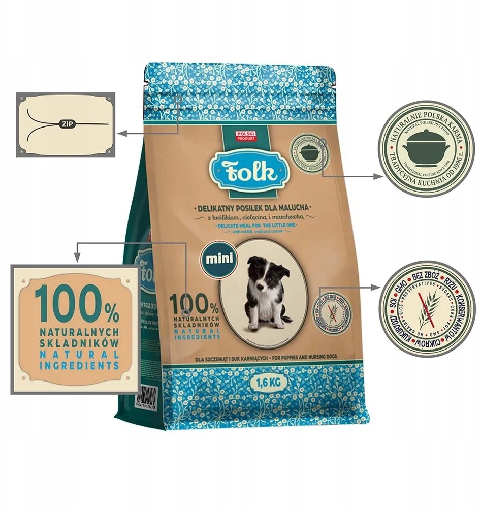 FOLK Junior Small breeds švelnus šuniukų ėdalas su triušiena, veršiena ir morkomis – dešrelės. Maistas šunims – 1,6kg.