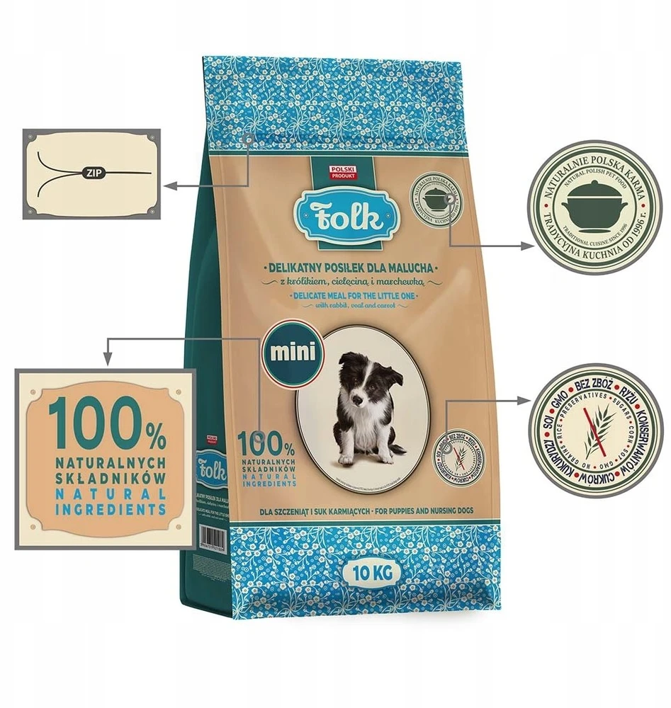 FOLK Junior Small breeds švelnus šuniukų ėdalas su triušiena, veršiena ir morkomis – dešrelės. Maistas šunims – 10 kg.