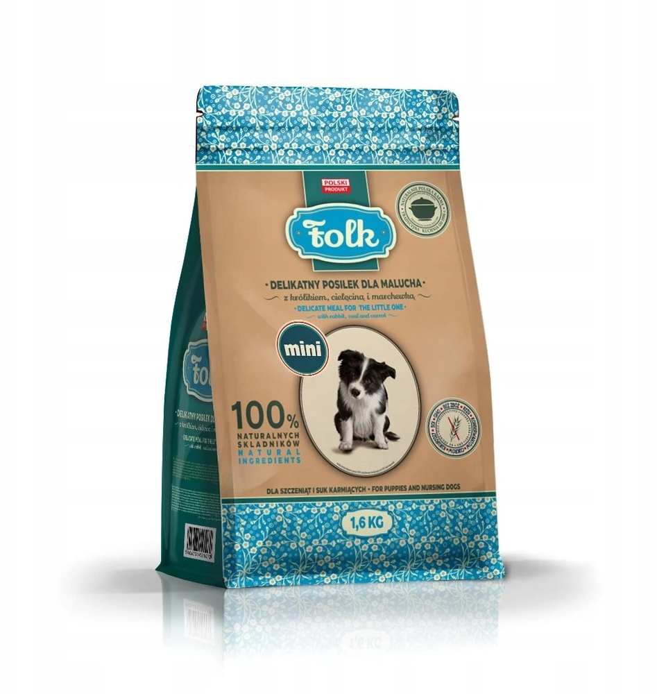 FOLK Junior Small breeds švelnus šuniukų ėdalas su triušiena, veršiena ir morkomis – dešrelės. Maistas šunims – 1,6kg.