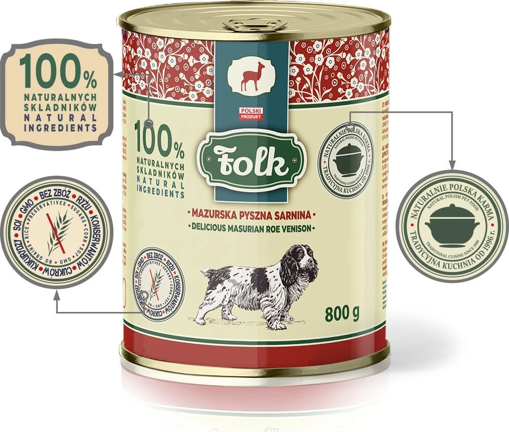 FOLK Delicious Masurian roe venison – drėgnas ėdalas šunims – 800g