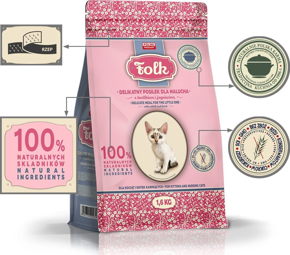 Maisto produktai - FOLK Gentle Meal for Kittens (Folk, triušiena & ėriena, 1.6kg)