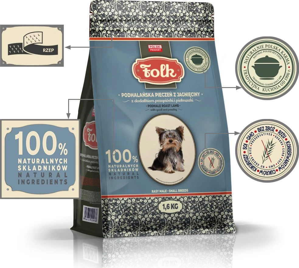 FOLK Small breeds Podhale-style ėriena roast with quail and parsley – sausas Maistas šunims – 1,6kg