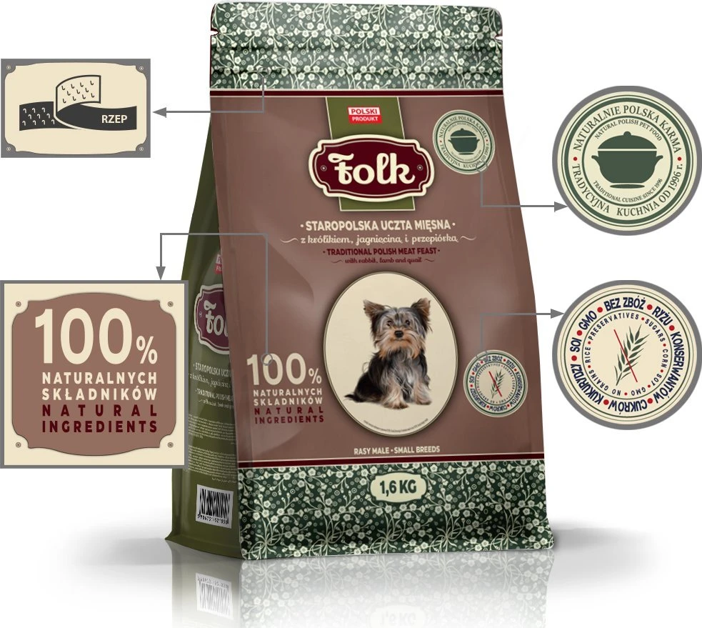 FOLK Small breeds Traditional polish meat feast with rabbit, ėriena and quail – sausas Maistas šunims – 1,6kg