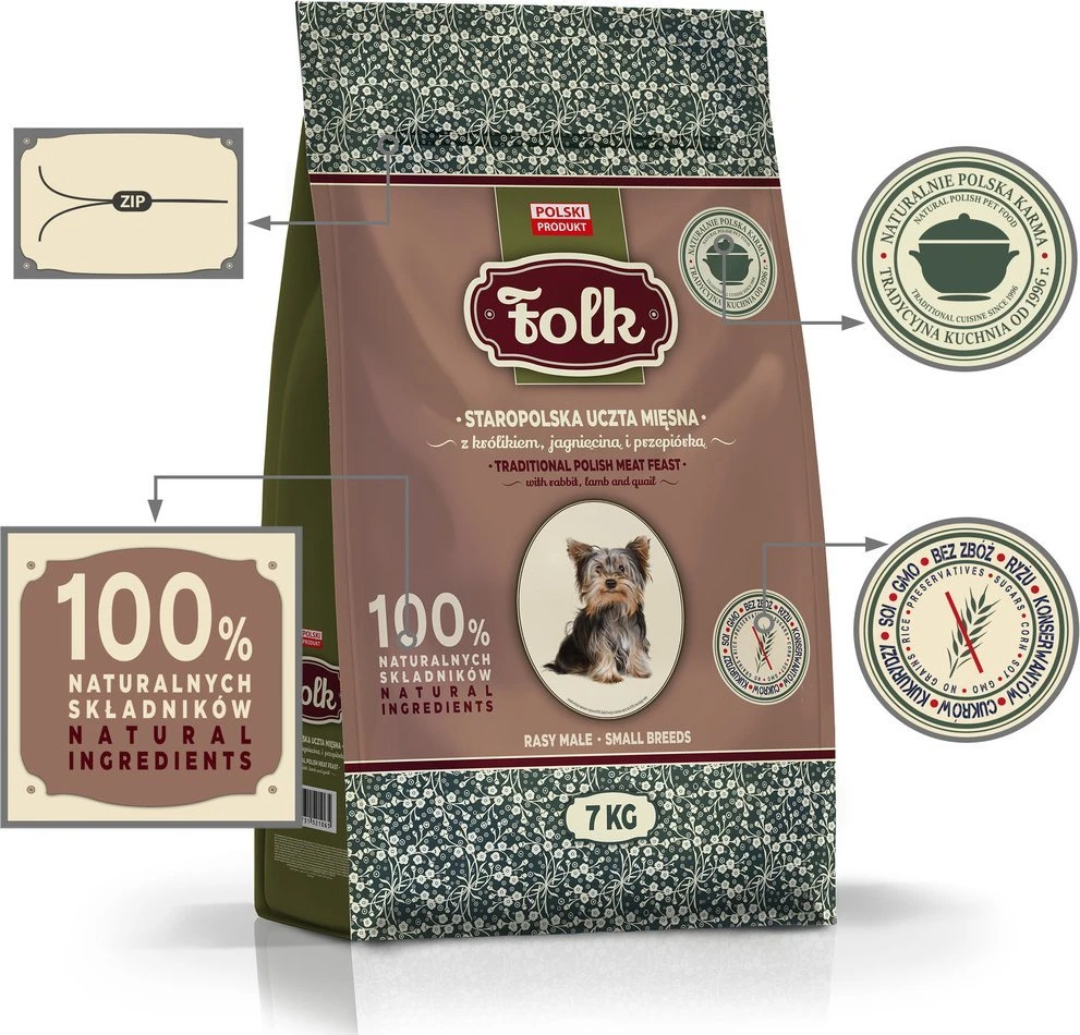 FOLK Small breeds Traditional polish meat feast with rabbit, ėriena and quail – sausas Maistas šunims – 7kg