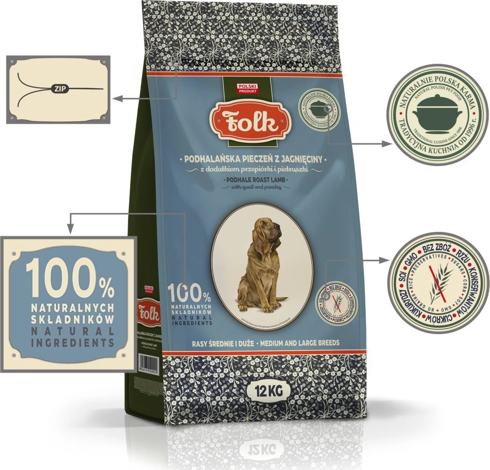 FOLK Medium and large breeds Podhale-style ėriena roast with quail and parsley – sausas Maistas šunims – 12kg