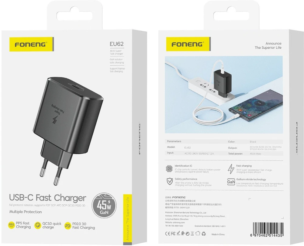 Foneng EU62 USB-C 45W maitinimo įkroviklis (juodas)