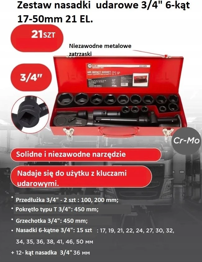 Forcekraft įrankių rinkinys 3/4" smūginių įrankių rinkinys 21 vnt. (6 pusių) (17-50 mm)