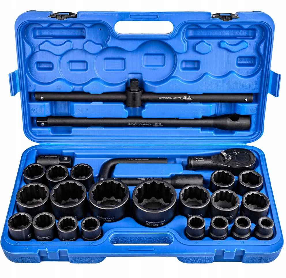 Forcekraft Smūginių įrankių rinkinys 26 vnt. 3/4'' (17-50mm) ir 1'' (55-65mm) (12 briaunų)