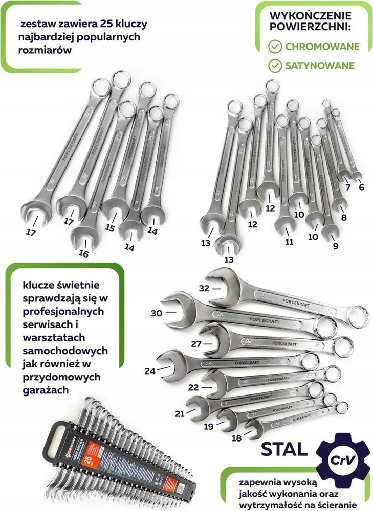 Forcekraft Rinkinys plokščių dvikilpių veržliarakčių 25el. (6-32mm) Cr-V