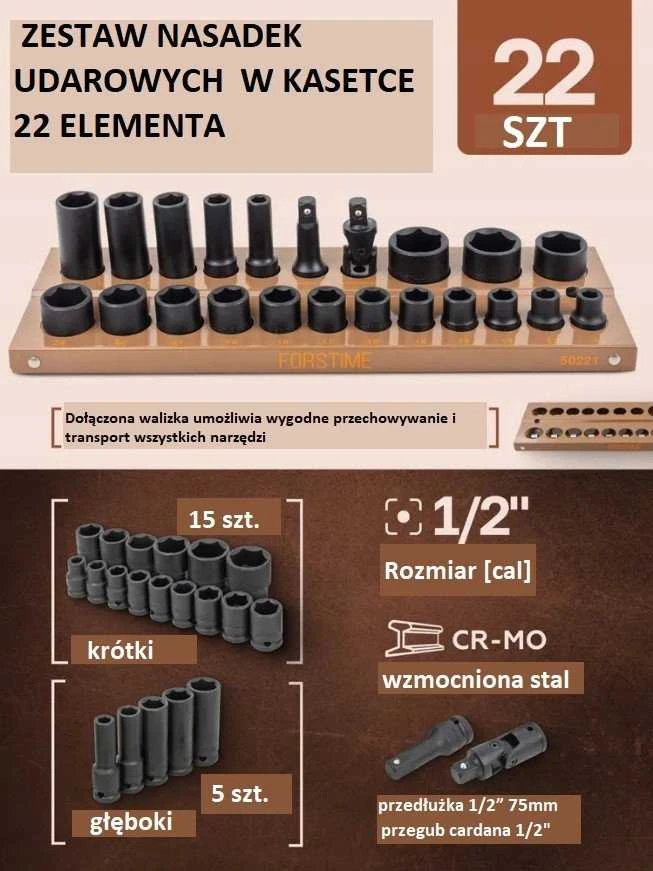 Forcekraft smūginių antgalių rinkinys 1/2'' 22 vnt. (10-32mm) (6 briaunų)