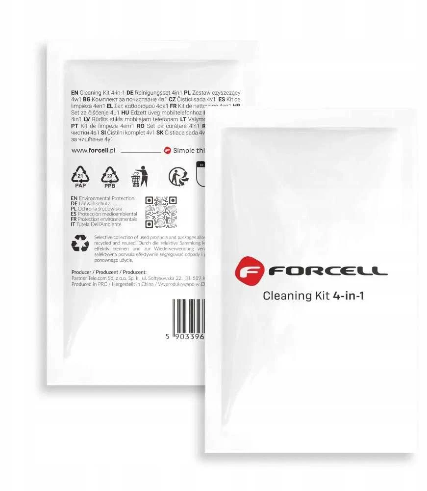 FORCELL - LCD ekranų valymo rinkinys 4in1 (drėgna ir sausa šluostė, nutrinimo kortelė, dulkių lipdukai)