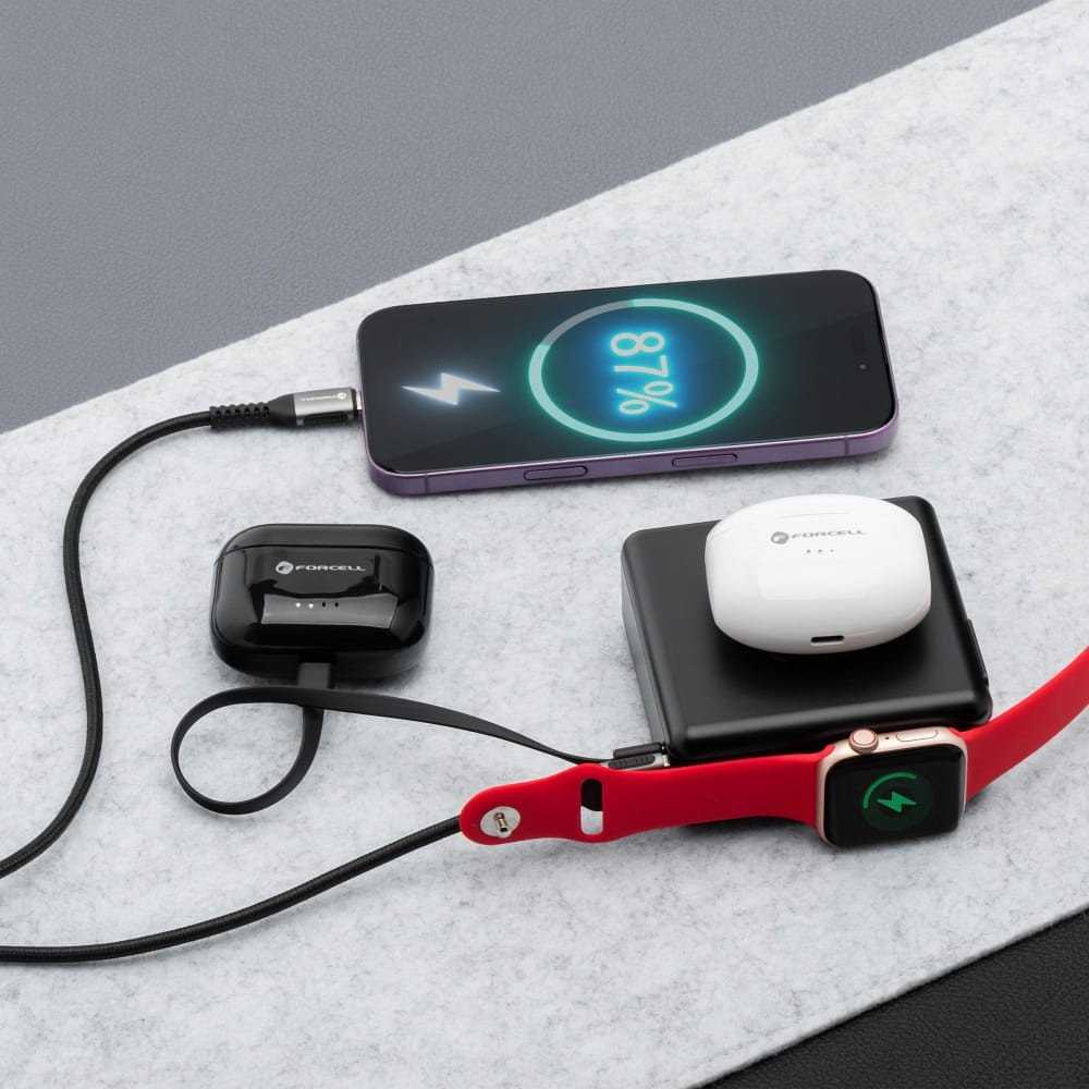 Daugiafunkcis įkroviklis Forcell F-Energy 6in1 USB A + USB C PD 45W + išorinė baterija 15000 mAh + belaidis įkrovimas 15W juodas