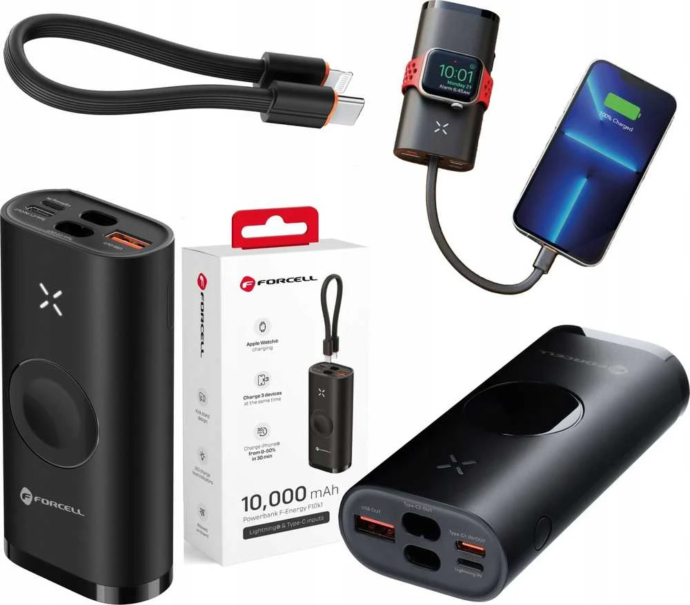 FORCELL F-ENERGY F10K4 maitinimo blokas, suderinamas su Apple Watch PD QC3.0 3A 22,5W 10000 mAh juodos spalvos