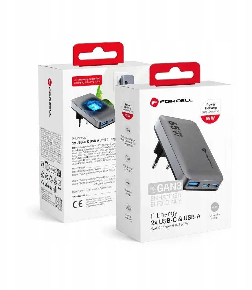 Telefono įkroviklis Forcell F-Energy Ultra Slim GaN III 2 x USB C + USB A QC4.0 PD 4A 65W VT-47 pilka 0INT