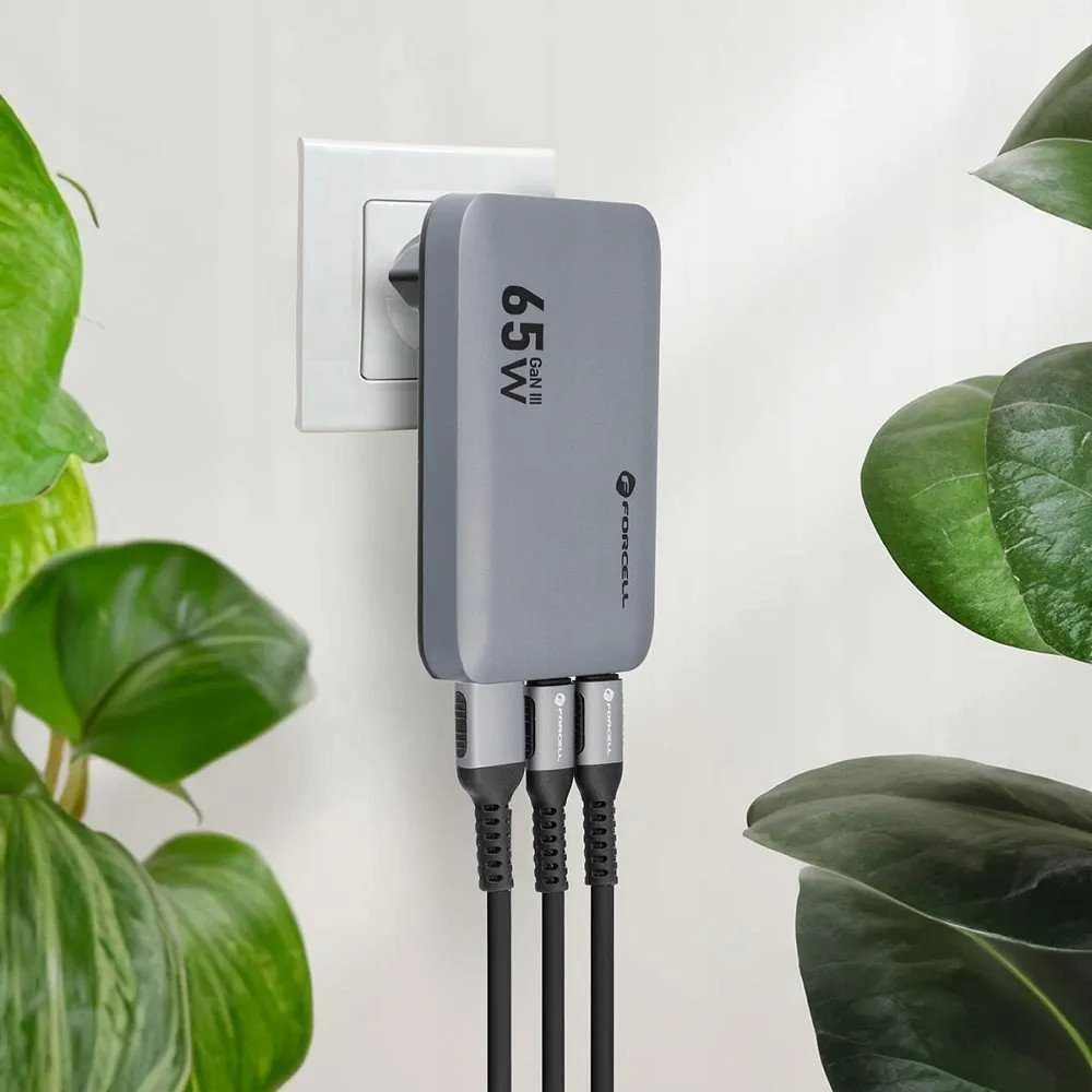 Telefono įkroviklis Forcell F-Energy Ultra Slim GaN III 2 x USB C + USB A QC4.0 PD 4A 65W VT-47 pilka 0INT