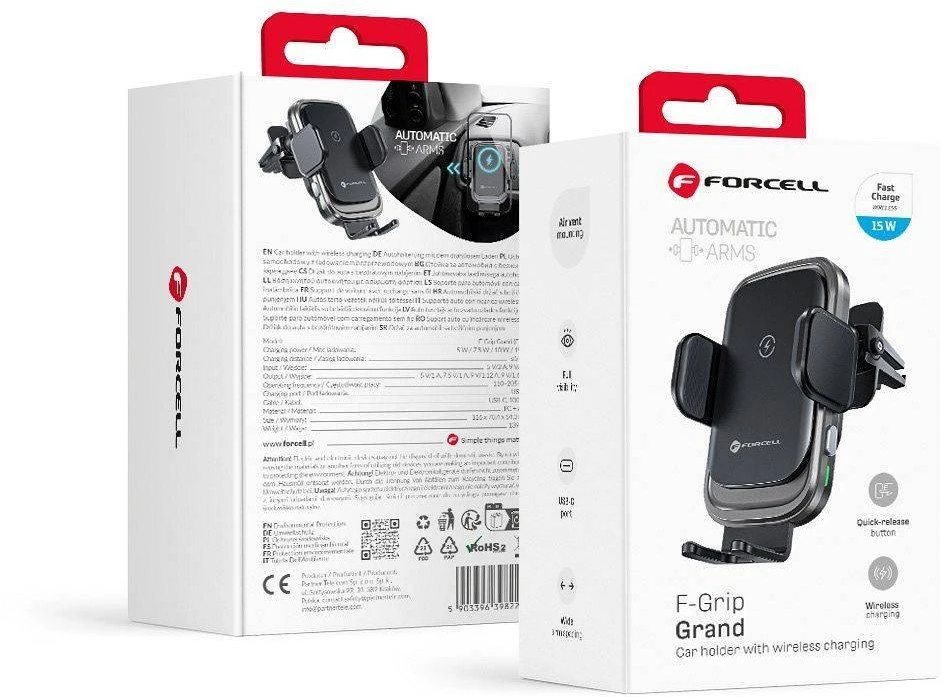 Belaidis automobilio telefono laikiklis Forcell F-Grip Grand F-24 15W oro išleidimo angos sidabrinis