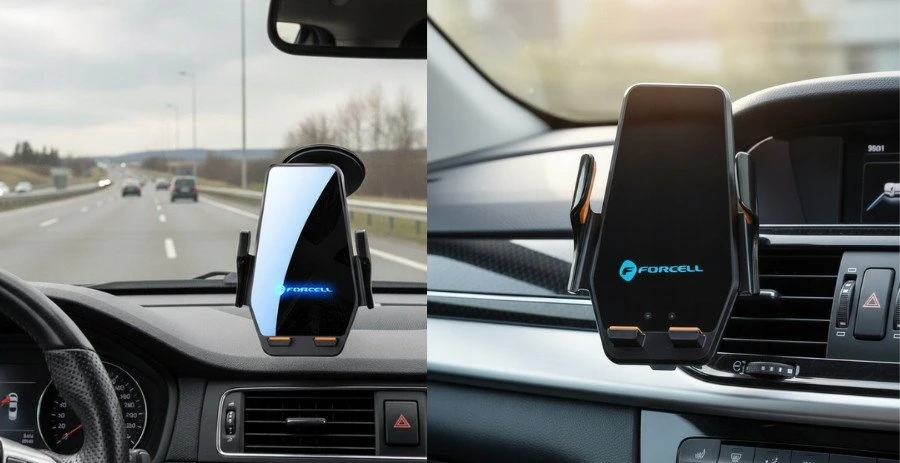 Belaidis automobilio telefono laikiklis Forcell F-Grip HS6 15W priekiniam stiklui / ventiliacijos angai juodas
