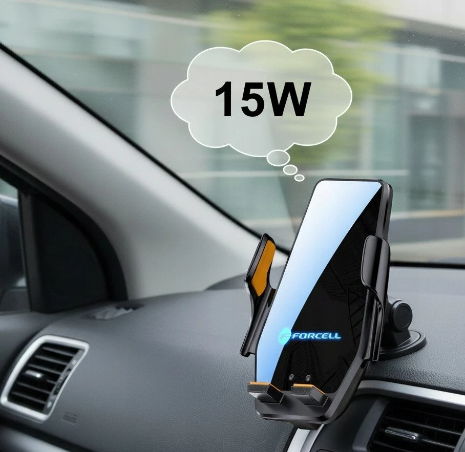 Belaidis automobilio telefono laikiklis Forcell F-Grip HS6 15W priekiniam stiklui / ventiliacijos angai juodas