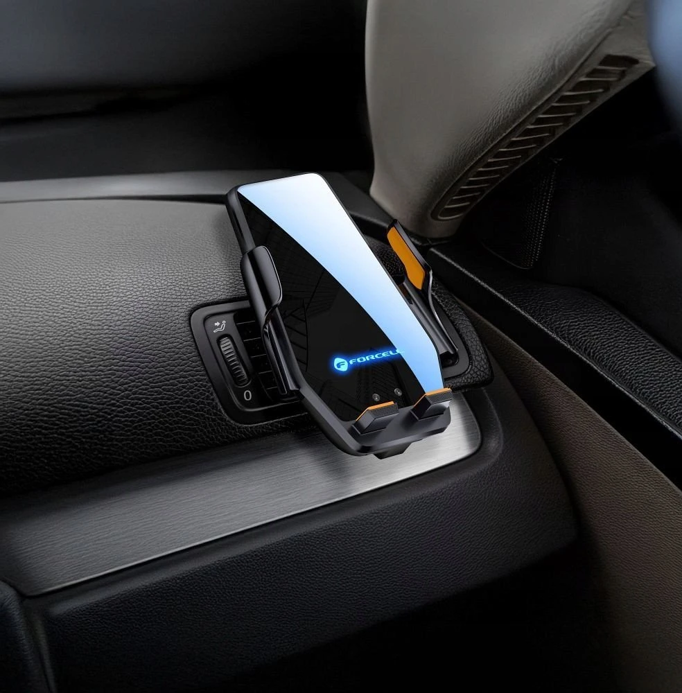 Belaidis automobilio telefono laikiklis Forcell F-Grip HS6 15W priekiniam stiklui / ventiliacijos angai juodas