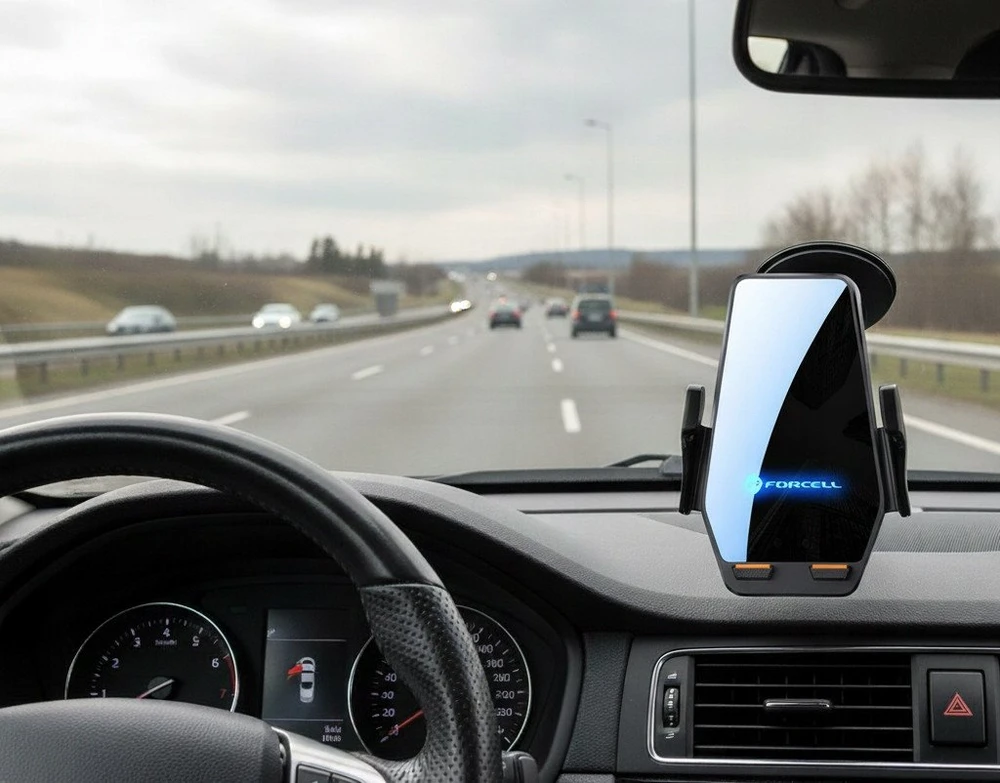 Belaidis automobilio telefono laikiklis Forcell F-Grip HS6 15W priekiniam stiklui / ventiliacijos angai juodas