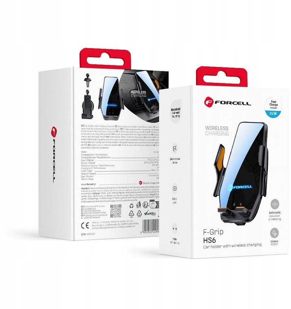 Belaidis automobilio telefono laikiklis Forcell F-Grip HS6 15W priekiniam stiklui / ventiliacijos angai juodas