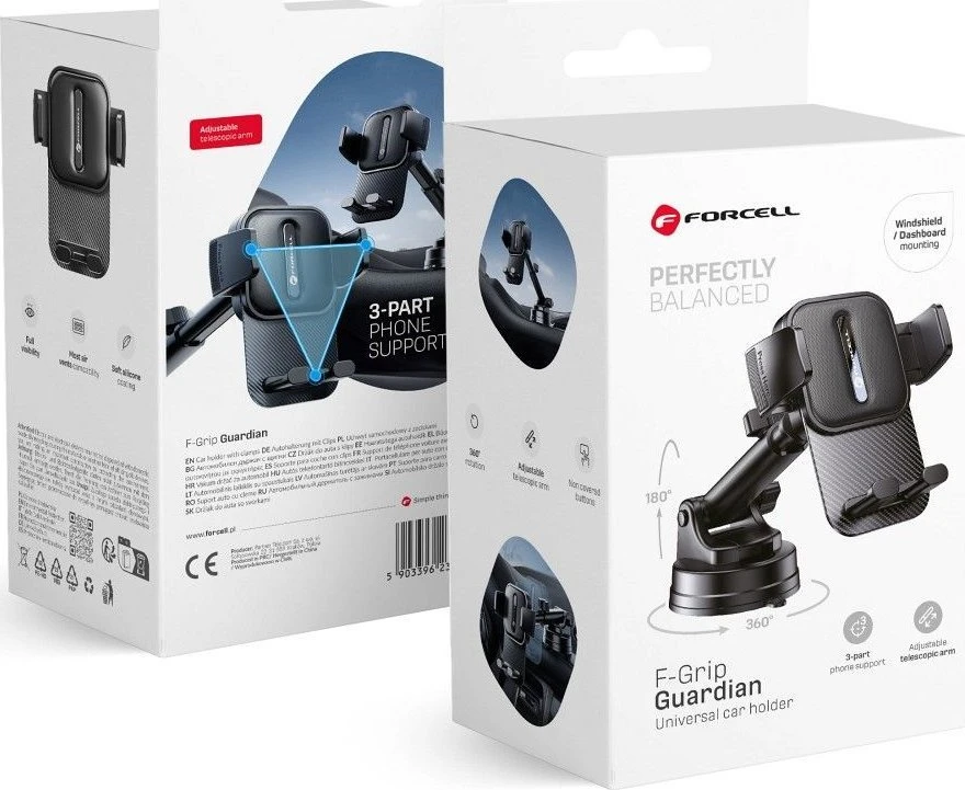 Automobilinis telefono laikiklis Forcell F-Grip Guardian priekiniam stiklui / prietaisų skydeliui juodas