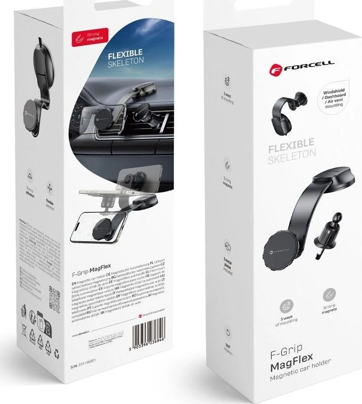 Magnetinis automobilio telefono laikiklis Forcell F-Grip MagFlex priekiniam stiklui / prietaisų skydeliui / ventiliacijos angai juodas