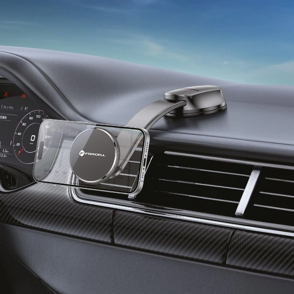 Magnetinis automobilio telefono laikiklis Forcell F-Grip MagFlex priekiniam stiklui / prietaisų skydeliui / ventiliacijos angai juodas