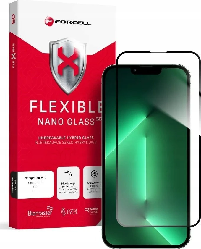 Hibridinis stiklas iPhone 13 / 13 PRO / 14 / 16e / 17e (SE 4 2025) Forcell Flexible 5D juodas