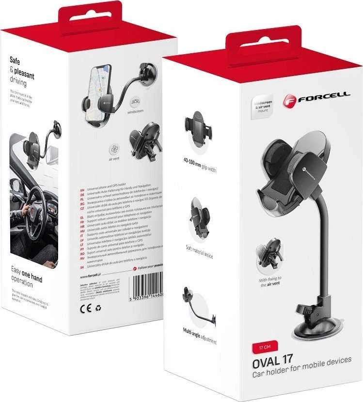 Automobilinis telefono laikiklis Forcell F-Grip Oval 17 cm priekinis stiklas / prietaisų skydelis / oro išleidimo anga, juodas