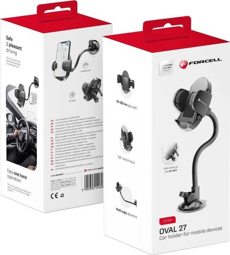 Automobilinis telefono laikiklis Forcell F-Grip Oval 27 cm, juodas, skirtas priekiniam stiklui / prietaisų skydeliui / oro išleidimo angai