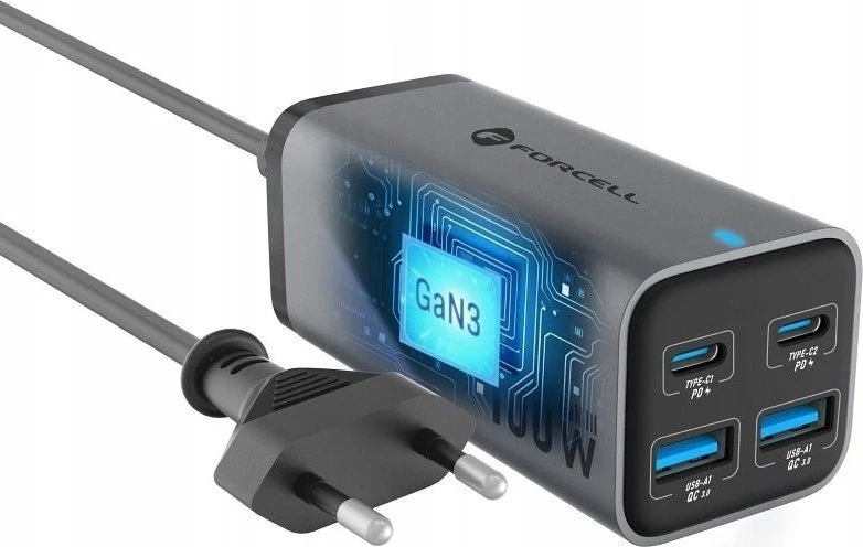 Stalinis įkroviklis Forcell F-Energy GaN III 2 x USB C + 2 x USB A QC4.0 PD 5A 100W VT-49 pilka