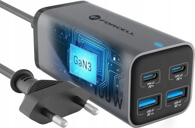 Stalinis įkroviklis Forcell F-Energy GaN III 2 x USB C + 2 x USB A QC4.0 PD 5A 100W VT-49 pilka