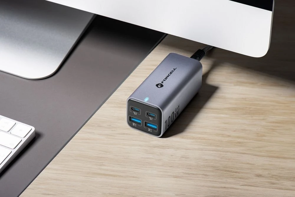 Stalinis įkroviklis Forcell F-Energy GaN III 2 x USB C + 2 x USB A QC4.0 PD 5A 100W VT-49 pilka