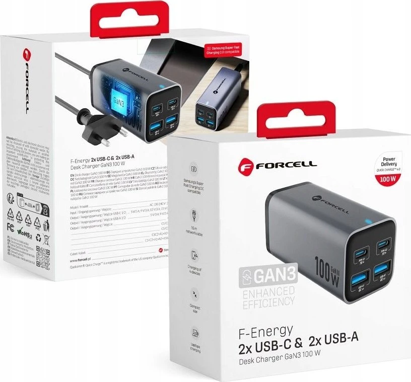 Stalinis įkroviklis Forcell F-Energy GaN III 2 x USB C + 2 x USB A QC4.0 PD 5A 100W VT-49 pilka